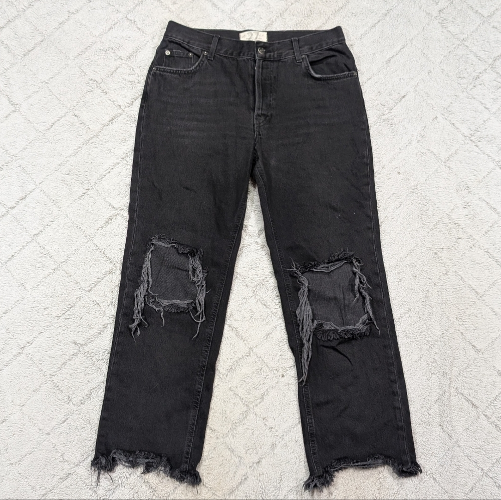 Free People Jeans Womens 27 Black Maggie Mid Rise Straight Distressed Denim